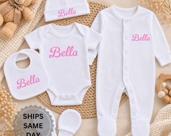 Personalised Baby Girl Gift, Newborn Name Clothes, Custom Baby Outfit, New Baby Gift Set, Grow Sleepsuit Bib Hat & Mitts