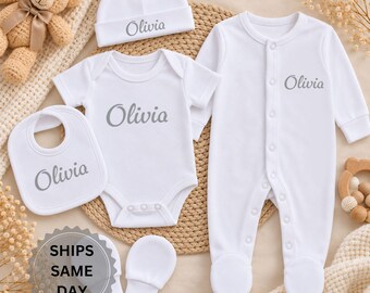 Personalised Baby Clothes | Name Outfit| Newborn Gift Set | Custom Baby Grow | Sleepsuit, Bib, Hat & Mitts