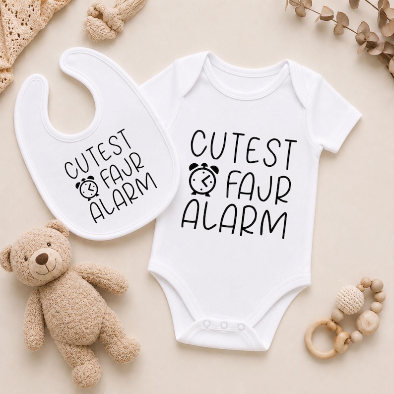 Cutest fajr alarm Islamic Muslim inspired baby vest and bib gift set for a babyshower.