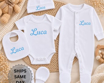 Personalised Baby Boy Gift Set, Newborn Name Outfit, New Baby Present, Custom Grow, Boy Clothes, Sleepsuit Bib Hat & Mitts