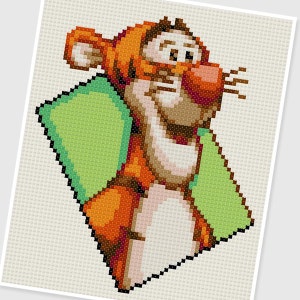 May include: A pixelated illustration of Tigger from Winnie the Pooh, a cartoon orange and black tiger with a red nose, smiling and looking to the right. He is standing on a green and white background.