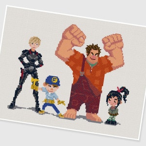 May include: A pixelated image of four characters from the movie Wreck-It Ralph. The characters are standing in a row from left to right. The first character is a female character wearing a black and silver suit. The second character is a male character wearing a blue and white jumpsuit. The third character is a large male character wearing an orange jumpsuit. The fourth character is a female character with long black hair wearing a green and white dress.