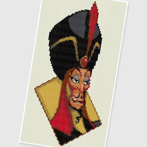 May include: A cross-stitch pattern of Jafar from Disney's Aladdin. He is wearing a black turban with a red feather, a red and gold robe, and a red jewel on his forehead. His face is red and he has a sinister expression.