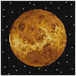 Könnte beinhalten: Ein pixeliertes Bild eines braunen Planeten vor einem weißen Sternenhintergrund.