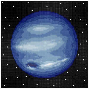 Pode incluir: Uma imagem pixelada de um planeta azul com nuvens brancas sobre um fundo preto com estrelas brancas.