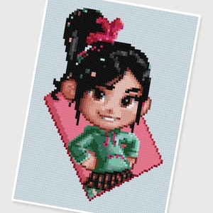 May include: A pixelated illustration of a cartoon character with black hair, a green shirt, and a pink bow. The character is holding a pink pillow.