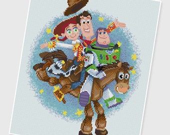 May include: A colorful illustration of Woody, Buzz Lightyear, Jessie, and Bullseye from the Toy Story franchise. The characters are riding on Bullseye, a brown horse, against a blue background with yellow stars.