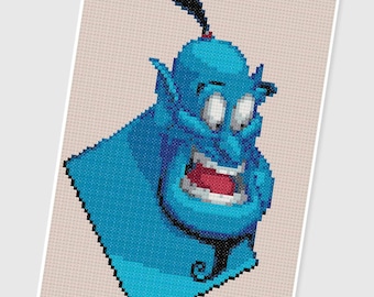 Op de afbeelding: Een blauwe geest met een verraste uitdrukking, die een rode tulband draagt met een zwarte veer. De geest is uit de Disney-film Aladdin.