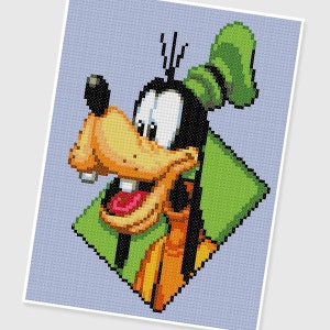 May include: A cartoon illustration of Goofy, a Disney character, with a green hat and a big smile. He is wearing a green and orange shirt.
