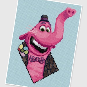 May include: A pink elephant character with a black top hat and bow tie, smiling with a large mouth and big eyes. The character is wearing a brown and black patterned jacket.