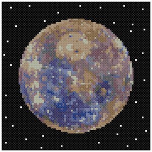 May include: A pixelated image of a blue and brown planet against a black background with white stars.