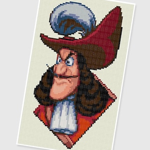 Peut inclure: Une illustration de dessin animé du Capitaine Crochet de Peter Pan. Il porte un chapeau de pirate rouge et marron avec une plume bleue et blanche, une veste rouge et marron et une chemise blanche. Il a une longue barbe et moustache brunes et une expression espiègle sur son visage.
