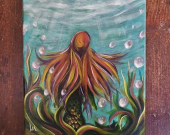 Mermaid Oil Painting, 9 x 12, Underwater with Bubbles, Ready to Hang, OOAK Beach House Gift