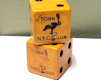 Pair of NYC Stork Club Bakelite Dice - Manhattan Night Club Memorabilia - Vintage Butterscotch Bakelite - Advertising