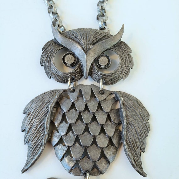 Vintage 4" Owl Statement Pendant on 20" Hammered … - image 3