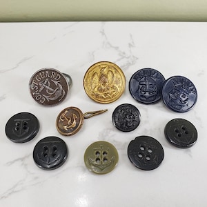 Mixed Lot of 11 WWII Era US Navy Buttons - Coast Guard - Uniform and Work Coat Buttons - F.J. Schmidt, Rosenfeld Bros., AHR Co. Hard Rubber
