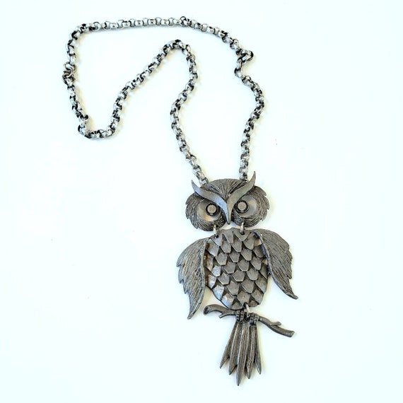 Vintage 4" Owl Statement Pendant on 20" Hammered … - image 1