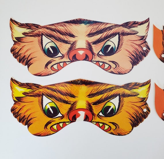 Cat & Bat Vintage Halloween Paper Masks Lot of 4 Gem