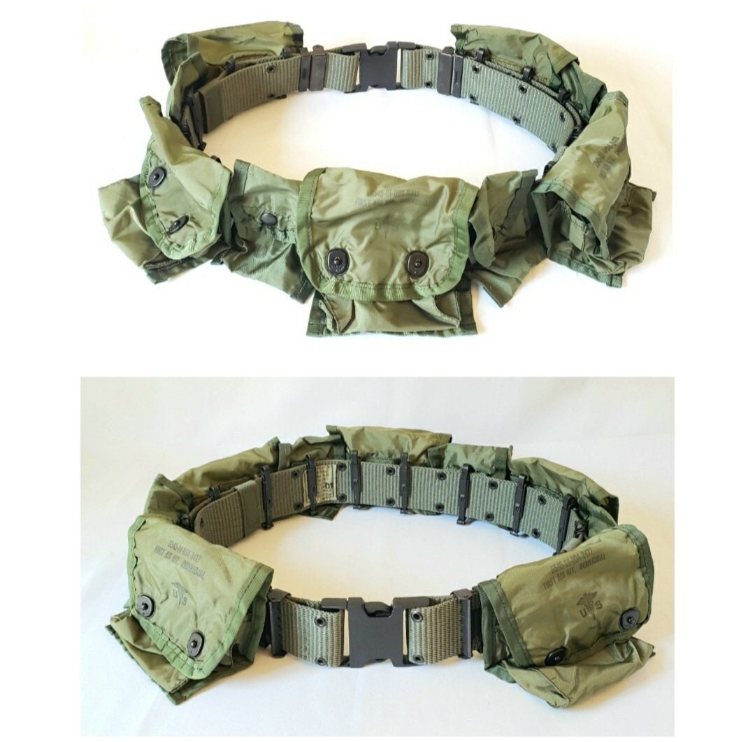 Utility Field Belt Vintage Military Pistol Belt and 9 First Aid Pouches