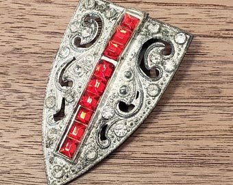 Art Deco Dress Clip - Square Red Rhinestone on a Shield Shaped Clip - Antique Clothing Accessory