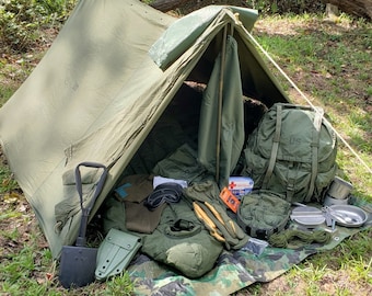 All-In-One Vintage USGI Back-Packing / Camping Gear Kit with ALICE Pack, Pup-Tent, Sleeping Bag, and More