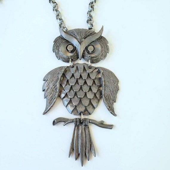 Vintage 4" Owl Statement Pendant on 20" Hammered … - image 2