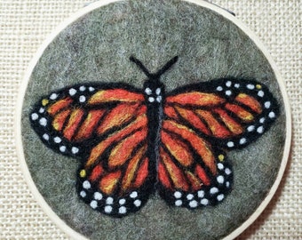 Monarch Butterfly Needle Felted Wool Painting - Framed in Embroidery Hoop - OOAK Art Gift for Nature Lover