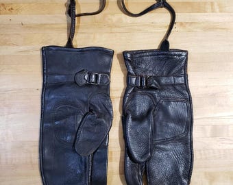 Leather Tabi / Trigger Finger Gloves - Vintage 1950s Military - Black - Men&#39;s Large to X-Large