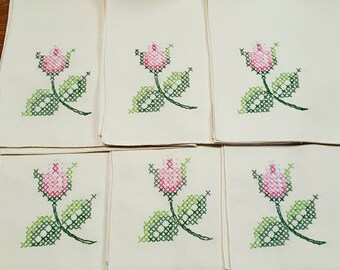 Cross-Stitch Tulip Cloth Napkins, Vintage Set of 6