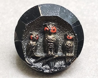 Antique Owl Button - Faceted and Hand Painted Black Glass - 3 Owls with Red Eyes - Victorian Era Picture Button