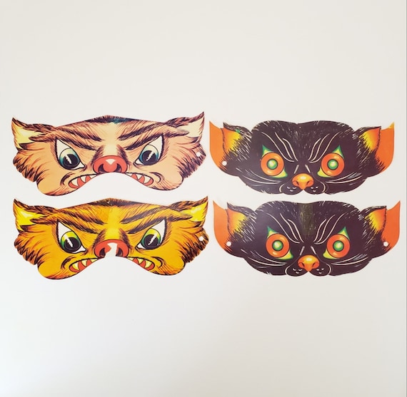 Cat & Bat Vintage Halloween Paper Masks Lot of 4 Gem