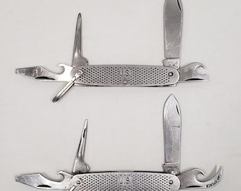 Camillus Model 1760 US Soldier's Knife Pair of 2 - 1979 and 1986 - USGI Made in USA - 440 Stainless Steel - 5 Function Utility / Survival