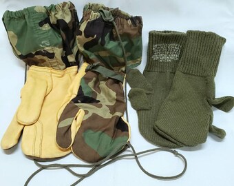 US Military Trigger Finger Mitten Shells and Wool Liners, Medium, Camouflage Leather Gloves, Good Used Condition