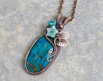 Chrysocolla Pendant: Copper Wire Wrapped Jewelry with Czech Glass Flowers
