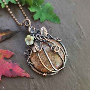 Poppy Seed Jasper Pumpkin Necklace - Copper Anniversary - Fall Pendant Necklace for women - OOAK Fall jewelry - Signature Handmade Jewelry