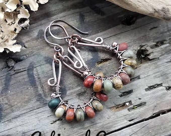 Picasso Jasper Beaded Hoop Earrings: Antiqued Copper Wire Wrapped Dangles