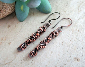 Copper Bar Earrings - Healing Copper Jewelry - 7th Anniversary Gift for Wife - Bar Earrings - Wire Wrapped Jewelry - Wire Wrap Earrings