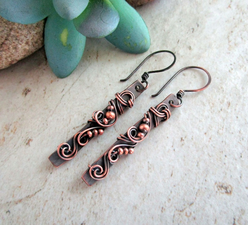 Copper Bar Earrings Healing Copper Jewelry 7th Anniversary Gift for Wife Bar Earrings Wire Wrapped Jewelry Wire Wrap Earrings image 1