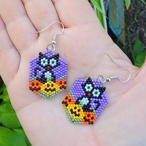 Black Cat & Pumpkin Beaded Earrings: Halloween Witchy Jewelry