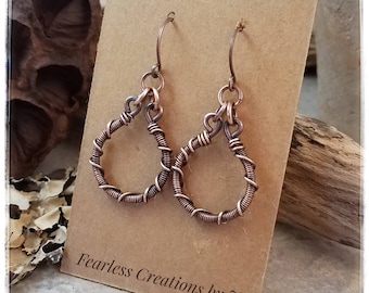 Rustic Copper Hoop Earrings: Wire Wrapped Boho Jewelry