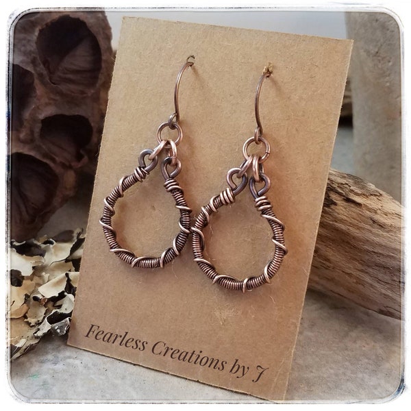 Rustic Copper Hoop Earrings for Boho Style - Hoop Earrings - Boho Earrings - Wire Wrapped Earrings - Copper Anniversary Jewelry - Rusti