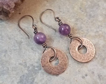 Amethyst Hoop Earrings - Beaded Wire Wrapped Earrings Copper Washers - Boho Earrings for Women - Copper Anniversary gifts for wife