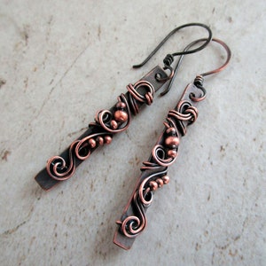 Copper Bar Earrings Healing Copper Jewelry 7th Anniversary Gift for Wife Bar Earrings Wire Wrapped Jewelry Wire Wrap Earrings image 9