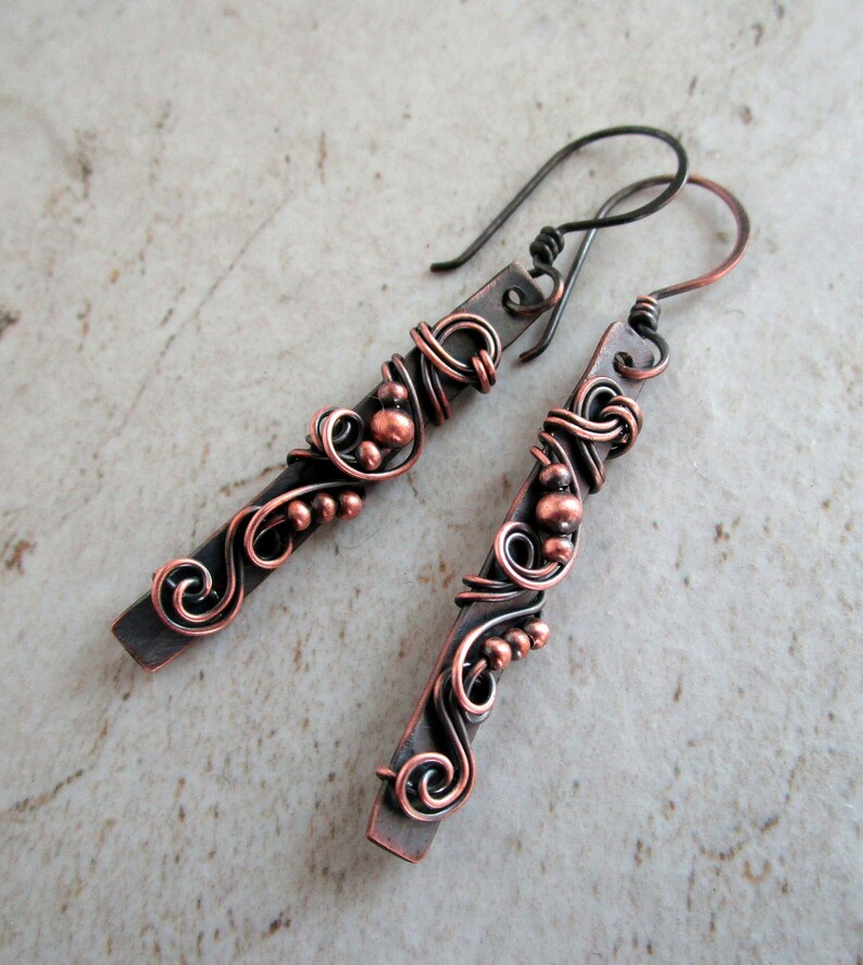 Copper Bar Earrings Healing Copper Jewelry 7th Anniversary Gift for Wife Bar Earrings Wire Wrapped Jewelry Wire Wrap Earrings image 9