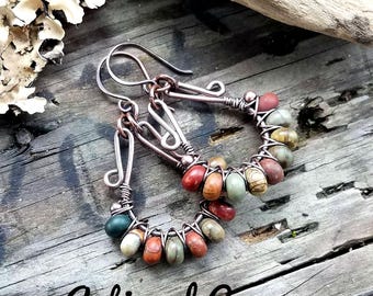 Picasso Jasper Beaded Hoop Earrings: Antiqued Copper Wire Wrapped Dangles