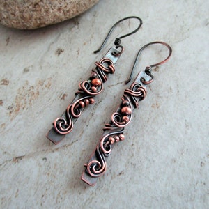 Copper Bar Earrings Healing Copper Jewelry 7th Anniversary Gift for Wife Bar Earrings Wire Wrapped Jewelry Wire Wrap Earrings image 7