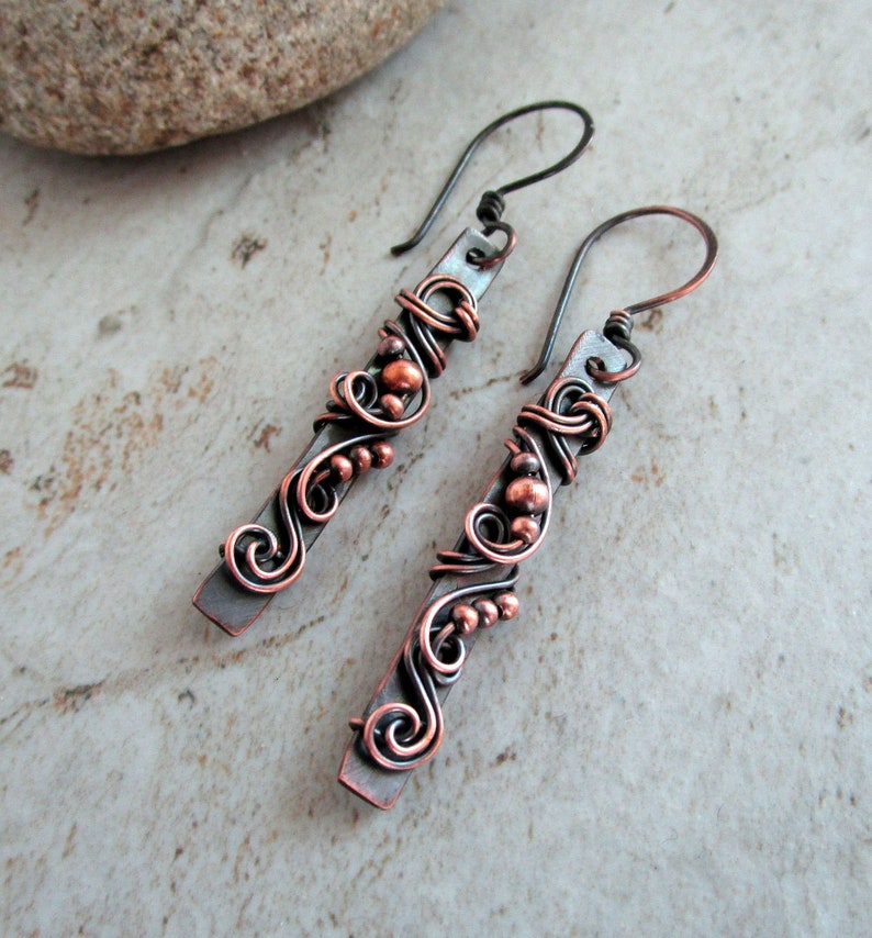 Copper Bar Earrings Healing Copper Jewelry 7th Anniversary Gift for Wife Bar Earrings Wire Wrapped Jewelry Wire Wrap Earrings image 7