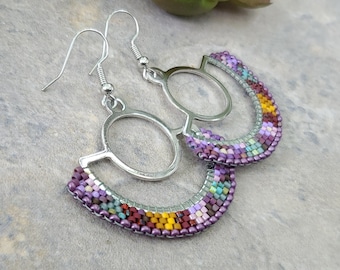 Purple Beaded Earrings: Floral Summer Brick Stitch Miyuki Delica Seed Beads