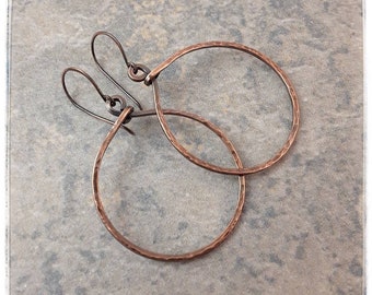 Hammered Copper Hoop Earrings – Simple Boho Style, Recycled Copper