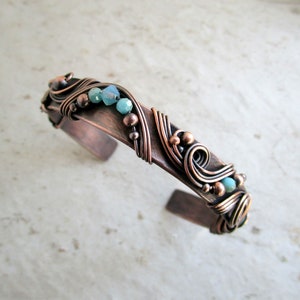 Turquoise Copper Cuff Bracelet - Healing Copper Bracelets - 7th Anniversary Gift - Turquoise Wire Wrap Copper Bracelet